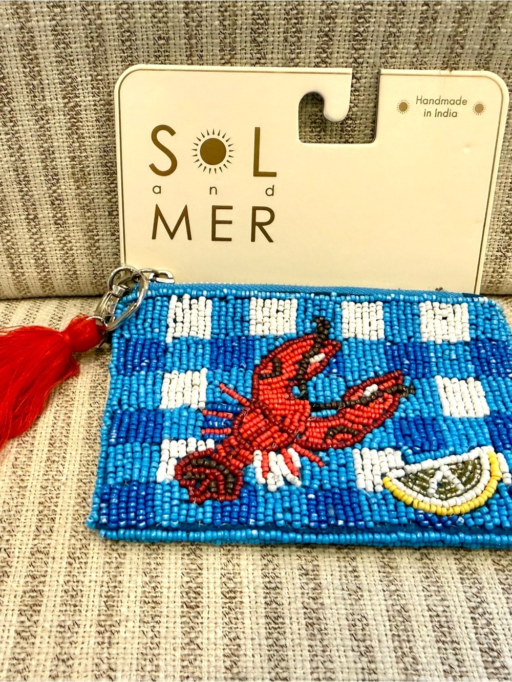 Sol and Mer Beaded Lobster Coin Pouch - Blue, Red, White - Picture 2 of 3